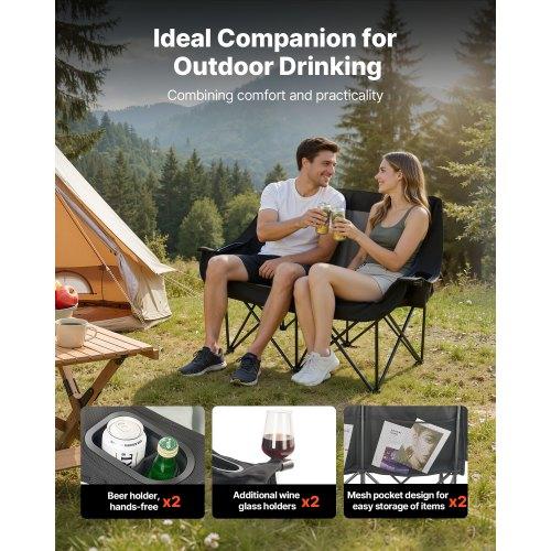 VEVOR Double Camping Chair, Oversized Two Person Camp Chair with 660 lbs Heavy Duty Support, with Dual Cup Holders, Wine Glass Holders