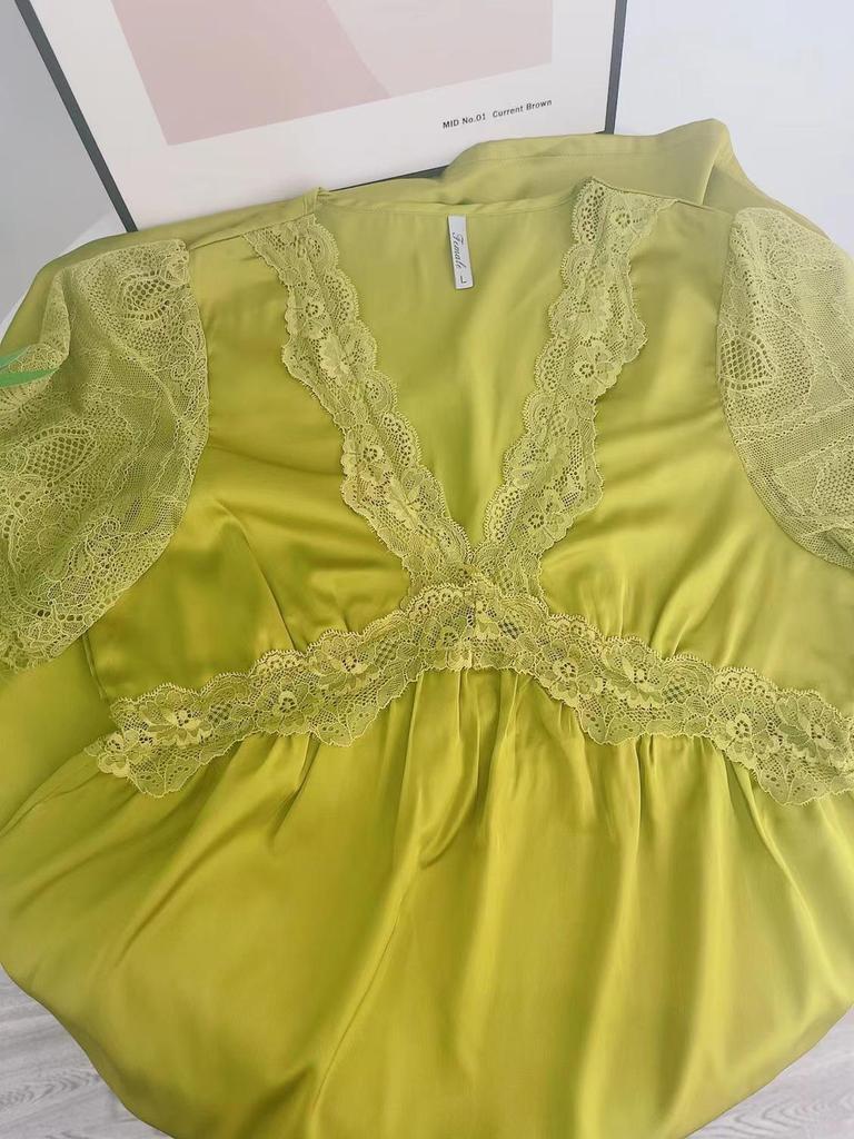 Fairy Lace Ice Silk Maxi Dress with Breast Pads - Sexy Long Sleeve Nightgown for Women, Home & Outdoor Wear