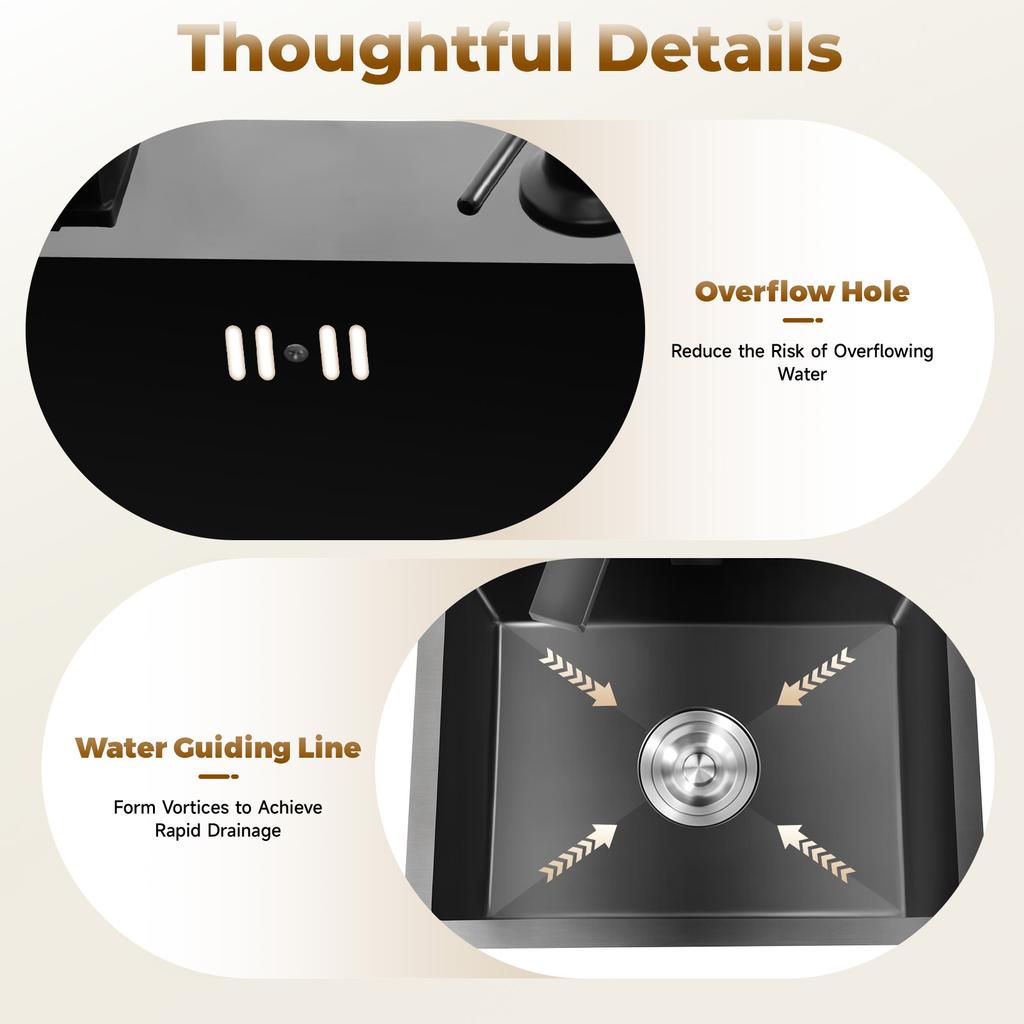 16x12 Inch Stainless Steel Kitchen Sink – 201 Stainless Steel with Nano Coating – Complete Set with Faucet, Soap Dispenser & Drain Basket – Black/Grey