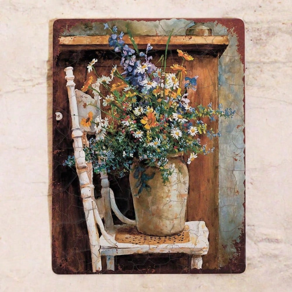 Rustic Floral Tin Sign Wildflower Metal Wall Art Vintage Cottage Decor 20x30