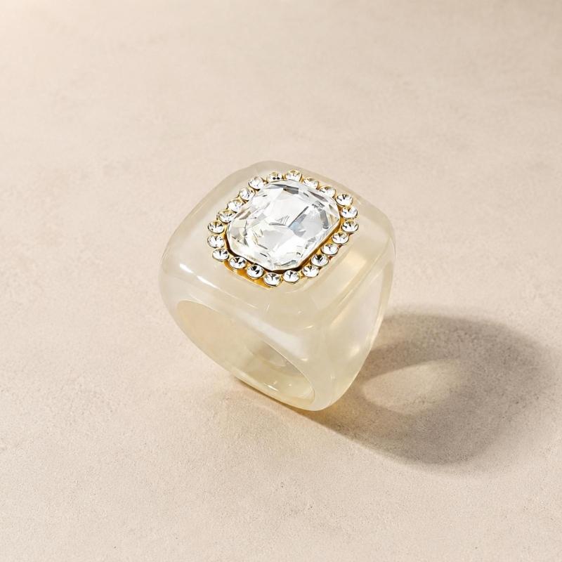 See-Through Resin Fashion Ring with Bold Square Profile, Raised Faceted Centerpiece and Accent Border for Outfit Styling