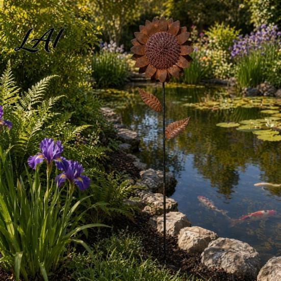 Decoratieve Tuinprikkers Metalen Zonnebloempaal Retro Roestige Bloemsculptuur Rustiek Artistiek Decor Ornament voor Buiten Tuin Terras Gazon Decoratie
