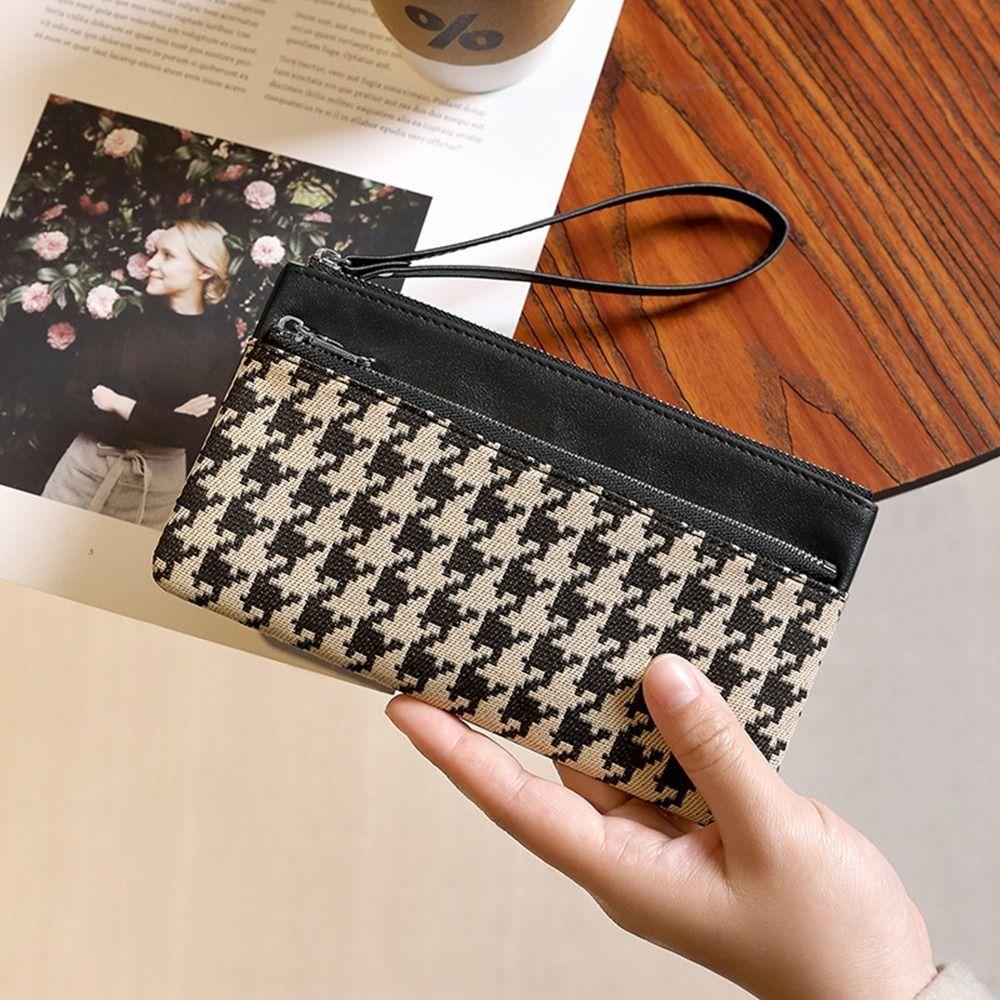 Coin Pocket Retro Houndstooth Handbag Korean Style Women Long Purse Zipper Clutch Wallet  Women