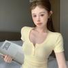 Cream Yellow Short-sleeved Right Shoulder T-shirt for Women Summer Pleated Slim Fit Hot Girl Tight Short Bottoming Shirt Top
