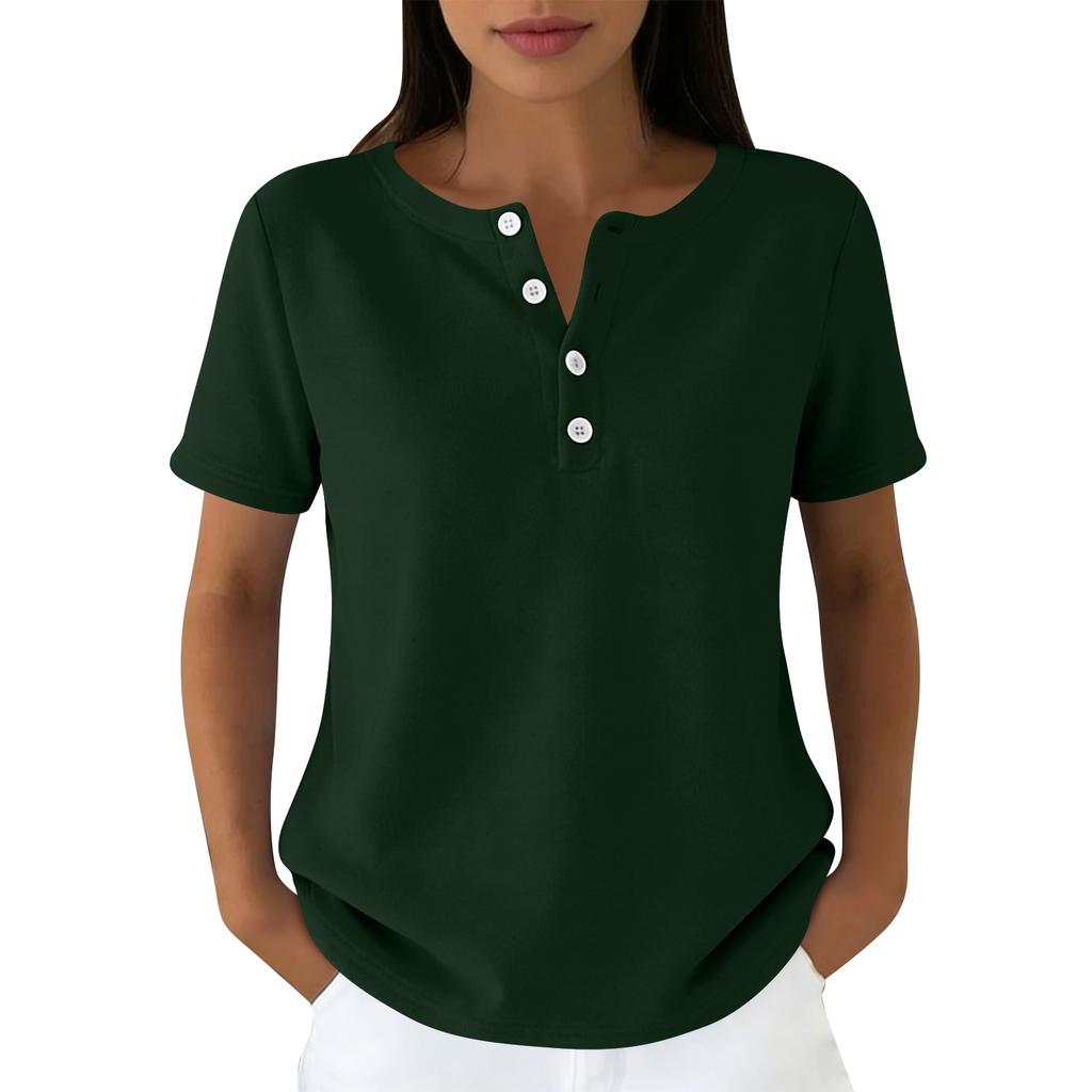 Lässiges Damen-T-Shirt in verschiedenen Farben, V-Ausschnitt, kurzen Ärmeln und Zierknöpfen.