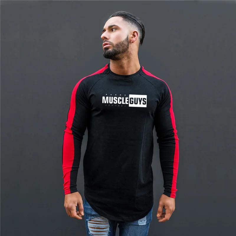 

Muscleguys, новая осенняя футболка, мужская повседневная и удобная черно-белая двухцветная футболка с длинными рукавами, популярный повседневный молодежный топ с круглым вырезом XL