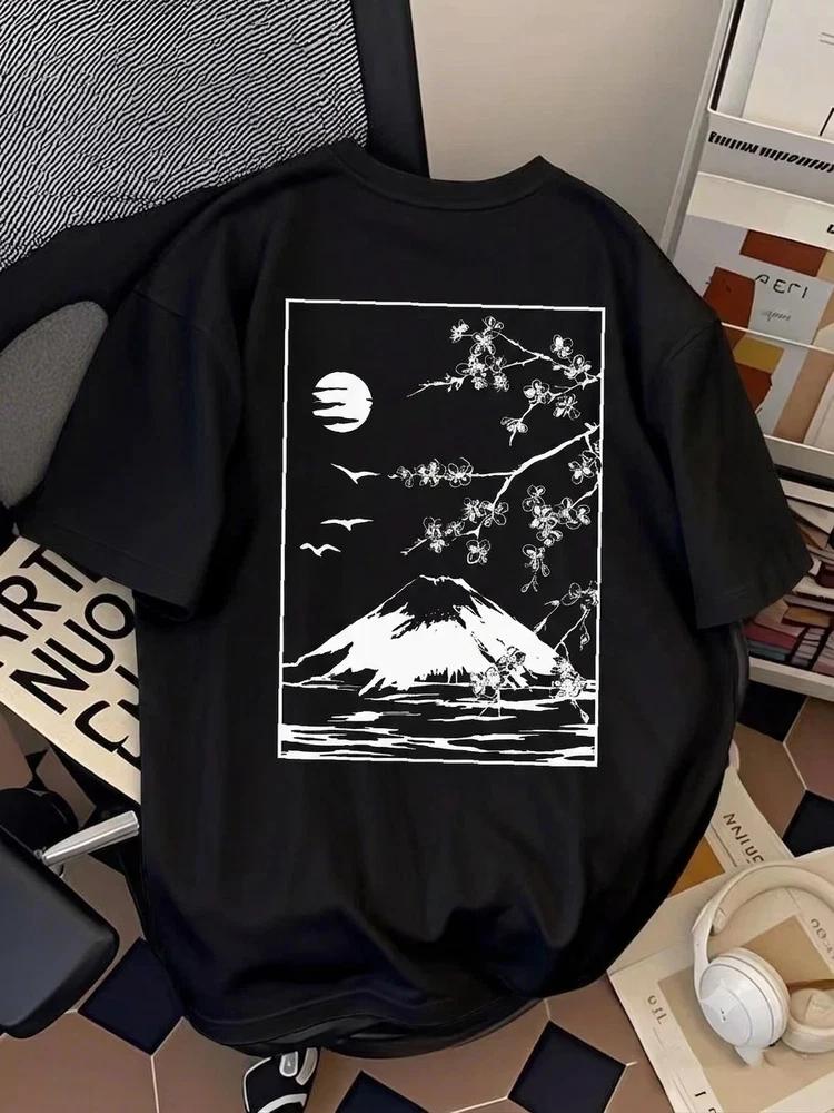 Mount Fuji Cherry Blossom Moon Nature Graphic T Summer Short Sleeve Tee S‑5XL