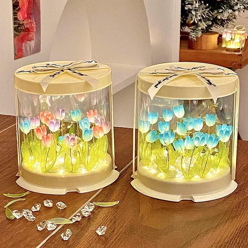 Handmade DIY Tulip Flower Cube Night Light DIY Material Pack Creative Birthday Mother's Day Gift Simulation Flower Cake Box