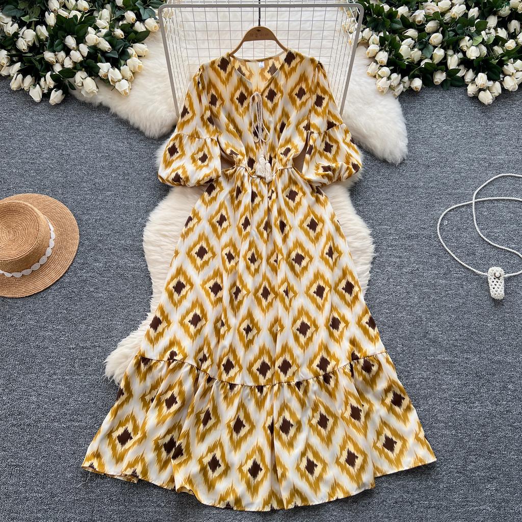Elegancka Sukienka w Kwiaty Vintage dla Kobiet Letnie Sukienki Sznurowane w Talii Slim Y2k Bufiaste Rękawy Luźne Sukienki