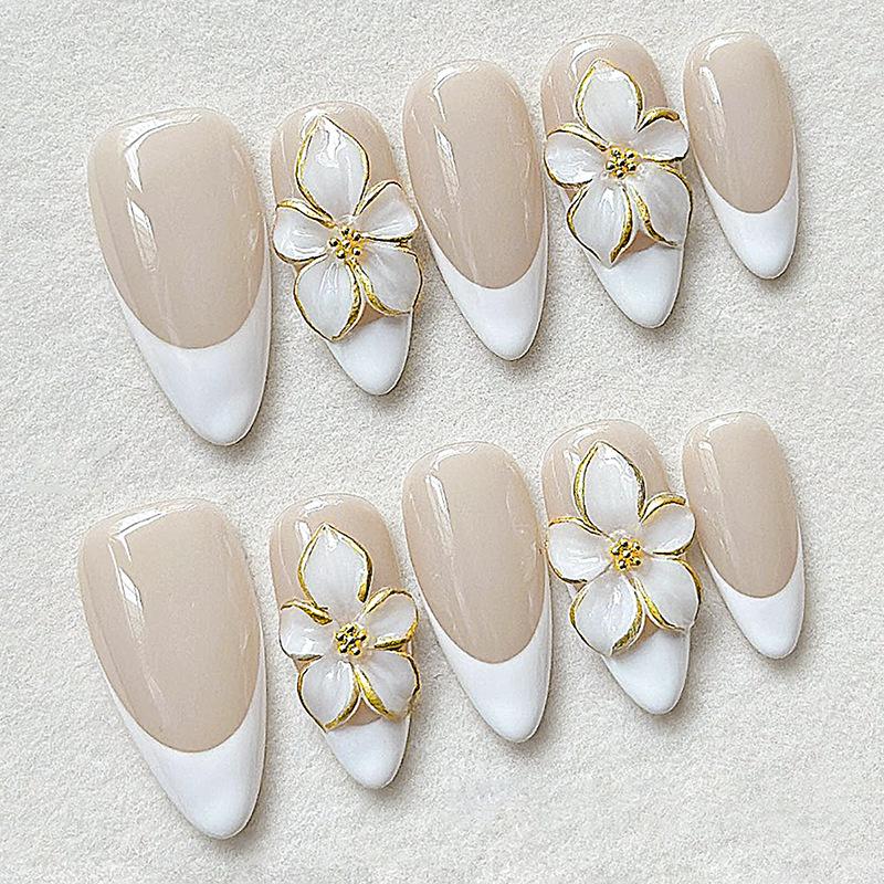 24Pcs Yellow French Full Cover Nails Tips Mid-length Almond Detachable False Nails 3D Flower Pearl Starburst Press on Fake Nails