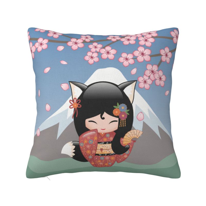 

Kokeshi Doll Cherry Blossoms Throw Pillow Case Decoration Geisha Girl Art Cushion Cover For Sofa Car Square Polyester Pillowslip 30x30cm 12x12in