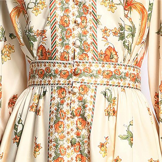 V-neck Dress Ethnic Style Printing Handmade Bag Buckle Embellishment Comfortable Breathable Long-sleeved Slim Autumn Long Skirt