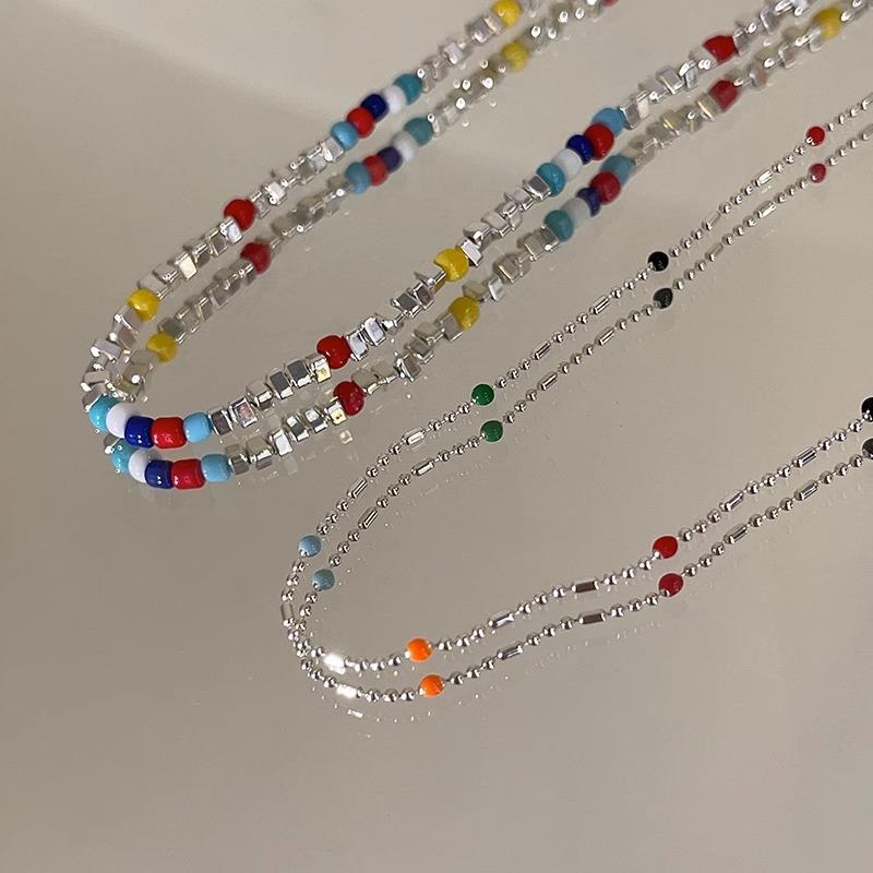 Dopamine Color Beaded Triangle Crushed Silver Necklace Women'S Light Luxury Niche Clavicle Chain Neck Chain Accessories