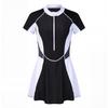 Costume da bagno a due pezzi con gonna, manica corta, cerniera e spacco, stile coreano, per donna, 2026