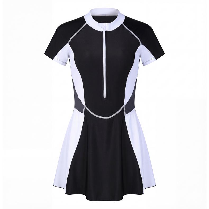 Costume da bagno a due pezzi con gonna, manica corta, cerniera e spacco, stile coreano, per donna, 2026