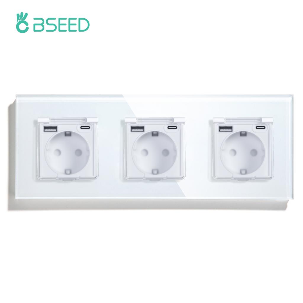 BSEED  1/2/3Gang Touch Light Switch 1Way EU Type-c USB Sockets With Waterproof Cover For Bathroom Outdoor Glass Panel White