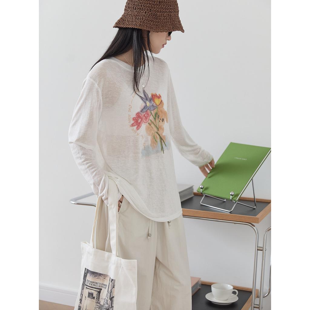 Retro printed Tencel sunscreen shirt women's summer light and slightly transparent long-sleeved T-shirt lazy loose air conditioner blouse white