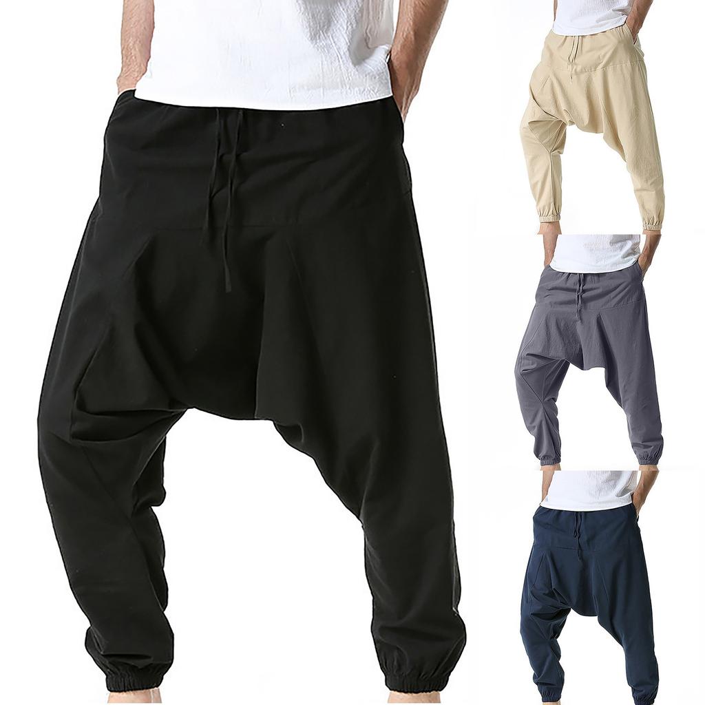 Men Spring HaremSummer Japanese Large Size Cotton Linen Casual Long Collar Pants