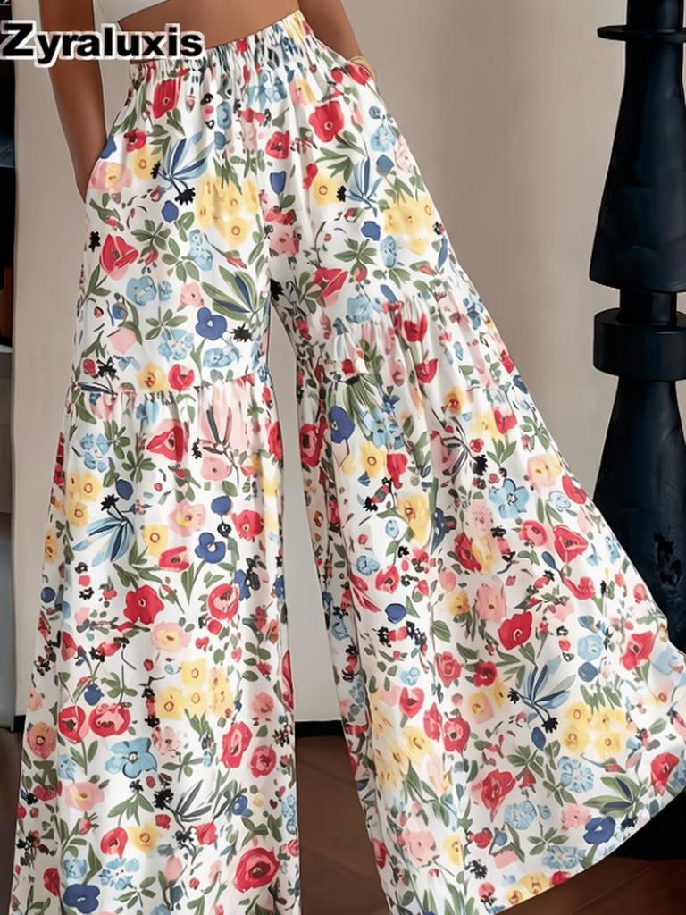 Summer Fairy Scattered Flower Pants Women High Waist Loose Thin Wide Leg Flowy Slimming Versatile Straight Long Trousers