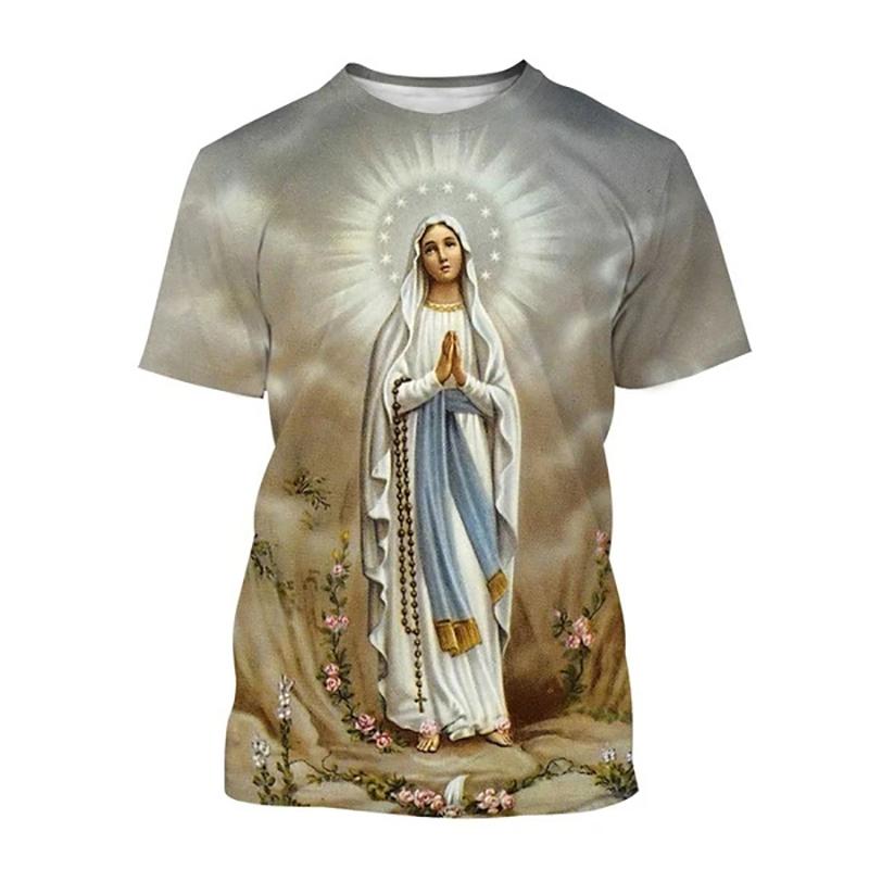 Camiseta 2025 Nuevo Verano Virgen María Estampado 3D Hombres Mujeres Cuello Redondo Manga Corta Camisetas Ropa Urbana Harajuku Camisetas Tops para Niños