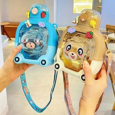 Creative With Straw Water Sippy Cup Straps Leakproof Portable Drink Bottle Plastic Cartoon Bear Plastic Cup Bottle School