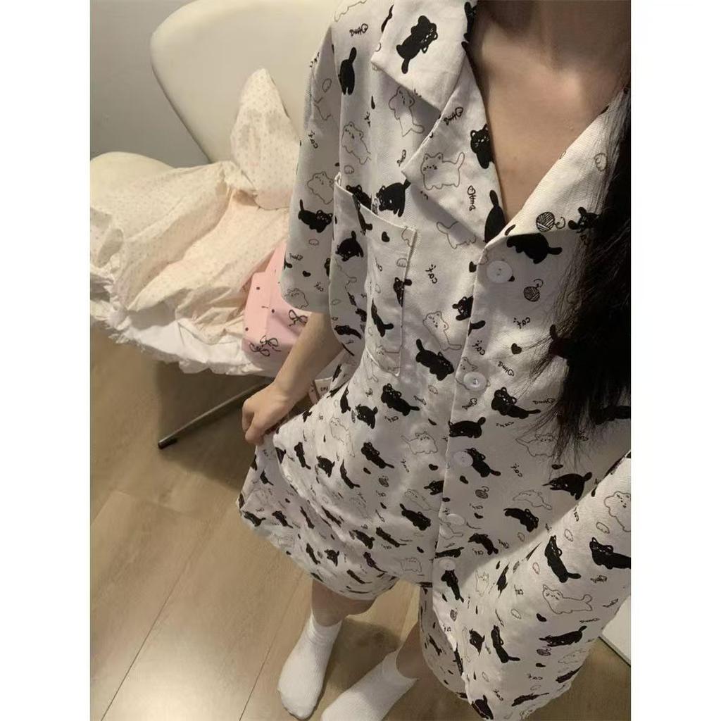 Girl Sweet and Cute Kitty Cat Pajamas Women's Summer New Short-sleeved Shorts Casual Loose Homewear Set