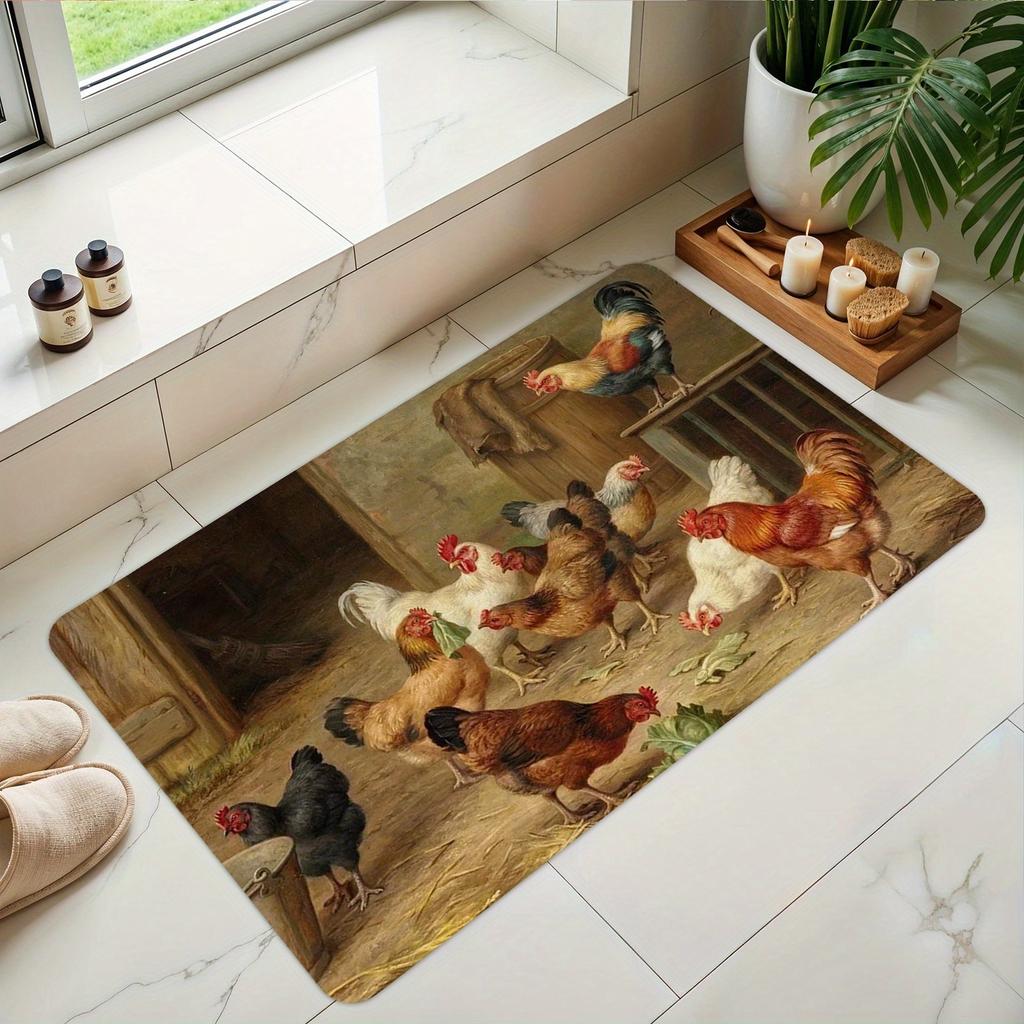 1Pcs Rooster  Pattern Floor Mat Modern Kitchen Polyester Rug Non-Slip Colorful Indoor Carpet, For Home Bathroom Bedroom Living Room Decor