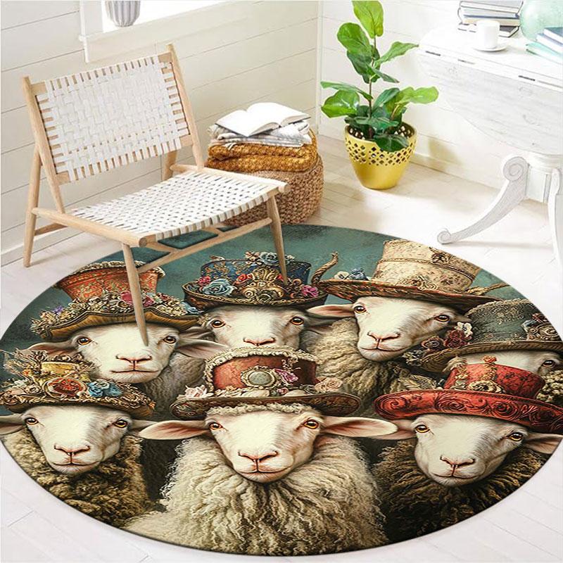 Cute animals with oil painting textureRound Area Rug,Carpet Rug for Living Room Bedroom Sofa Playroom Decor,Non-slip Floor Mat
