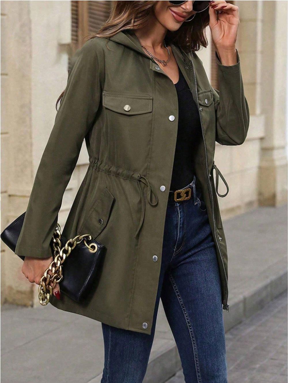 2025 autumn women s clothing new European and American casual Amazon solid color waist hooded medium and long autumn and winter coat women S армия зеленый