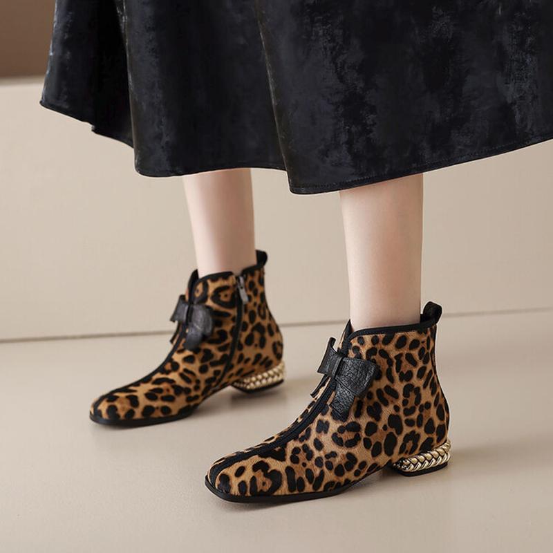 Fashion NEW Autumn/Winter Women Boots Square Toe Chunky Heel Shoes Horsehair Shoes Women Zip Ankle Boots Bow-knot Leopard Modern Boots