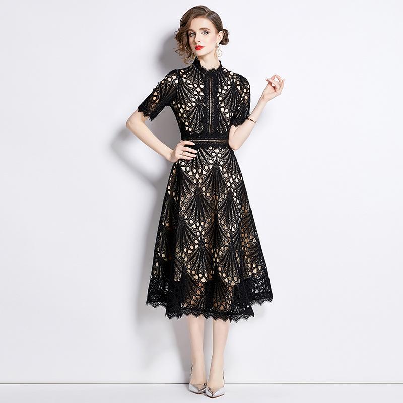 Abito estivo in pizzo traforato da donna, design ricamato da passerella, elegante vintage, manica corta