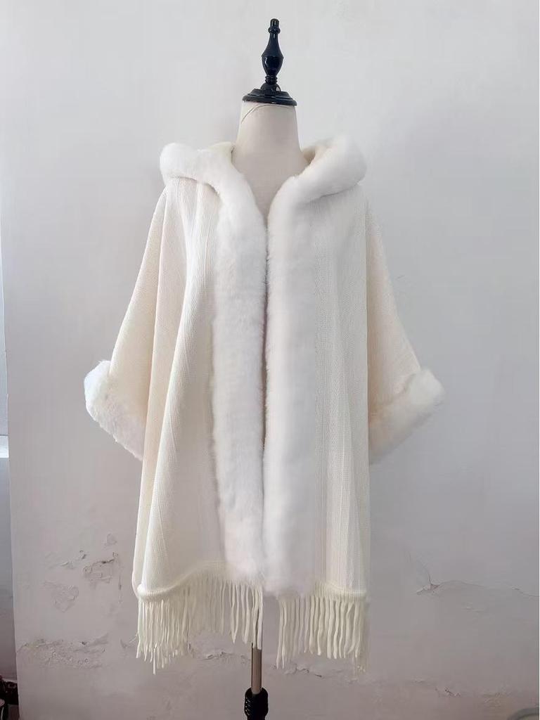 Women's Autumn/Winter Hooded Cape with Chinese Frog Button and Rabbit Fur Shawl, Plus Velvet Woolen Coat.