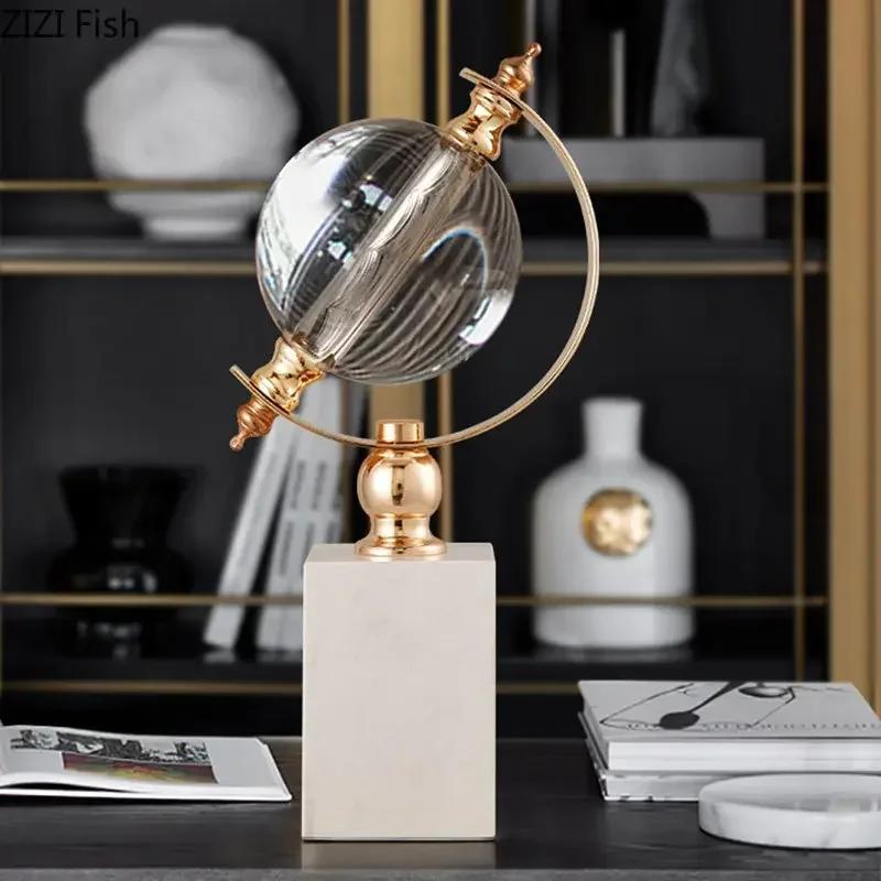 Gold-plated Globe Shape Crystal Ball Statue Marble Base Crafts Sculpture Desk Decoration Ornaments Room Aesthetics Decor Artwork