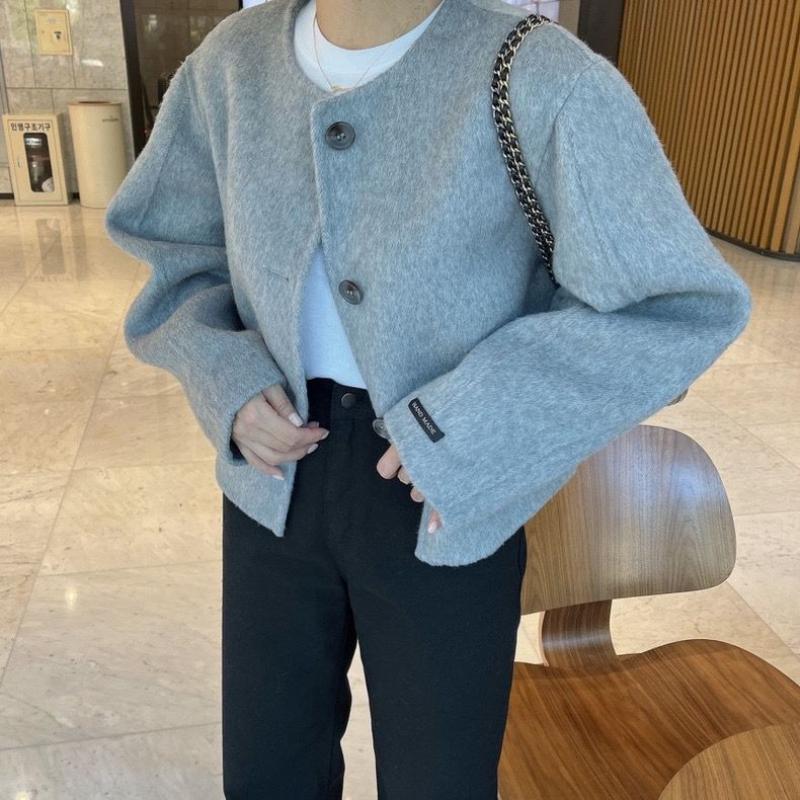 Koreanisch Chic Herbst Winter Französisch Rund Einreihig Locker Lässig Vielseitig Langärmelig Wolljacke für Damen