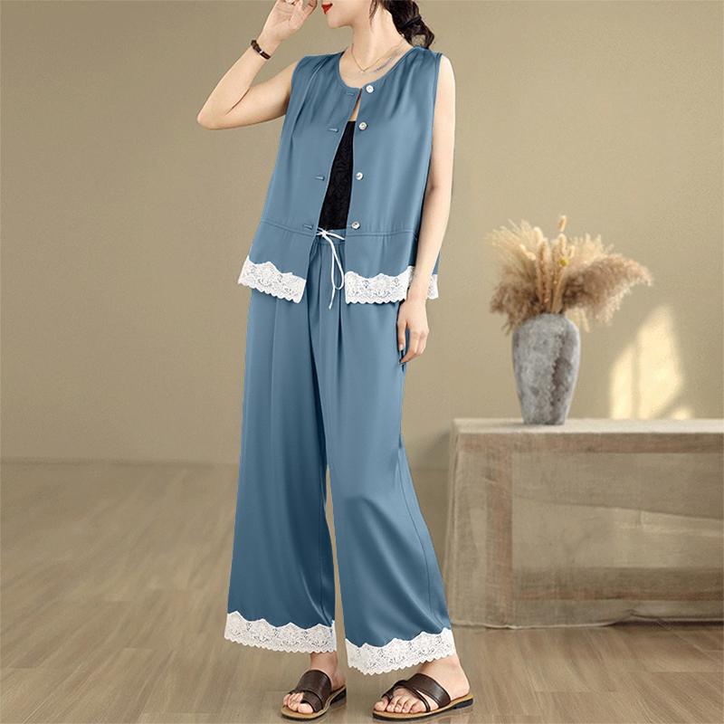 

ZANZEA Женские топы без рукавов и брюки Летние костюмы-двойки S синий