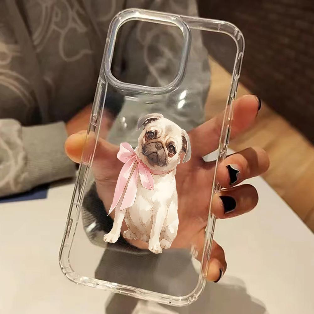 

Phone Case for IPhone 11 12 13 14 15 16 17 Pro Max 14 15 Plus 17 Air XS X XR Cute Pug Dog With Pink Bow Pattern Clear Soft Cover iPhone 11 Pro Max