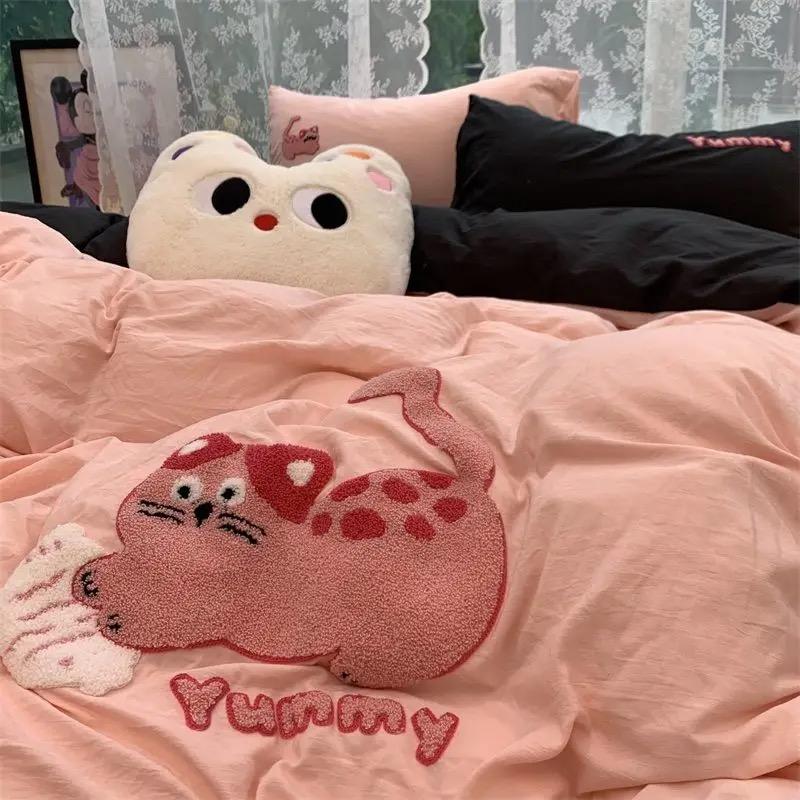 Ložní souprava v korejském stylu Zelený pruh Výšivka černé kočky Praná bavlna Povlak na přikrývku Roztomilý Kartonový Ložní prádlo Sady přikrývek