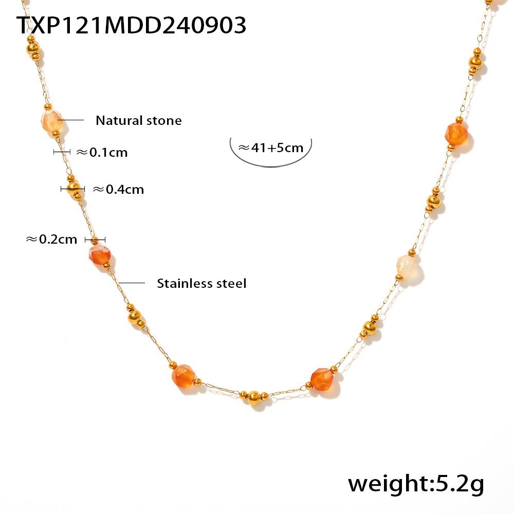 Gorgeous Orange Beige Necklace Bracelet Women Set Stainless Steel Nature Stones Beaded Pendant Female Necklaces Zircon