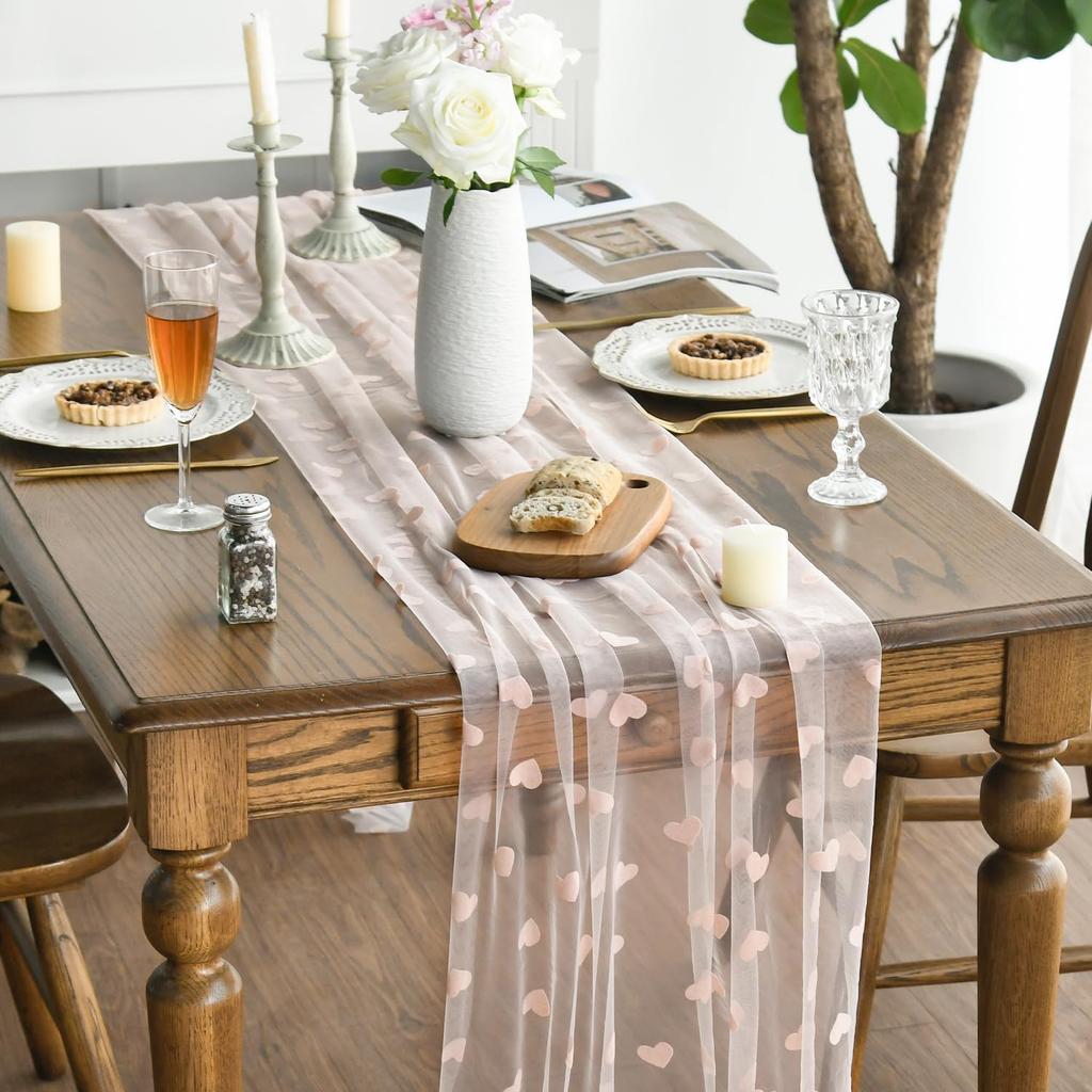 Artoid Mode Pink Heart Gauze Table Runner 120 Inch 10FT, Mother's Day Sheer Dining Anniversary Wedding Table Decor for Home Party
