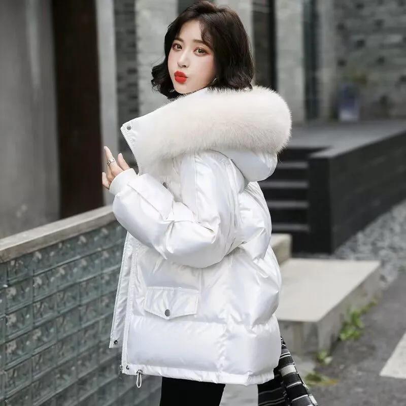 Winter Fashion Warm Duck Down Jacket Women's Clothes Glossy Fur Collar Thicken Parka Short Down Coat