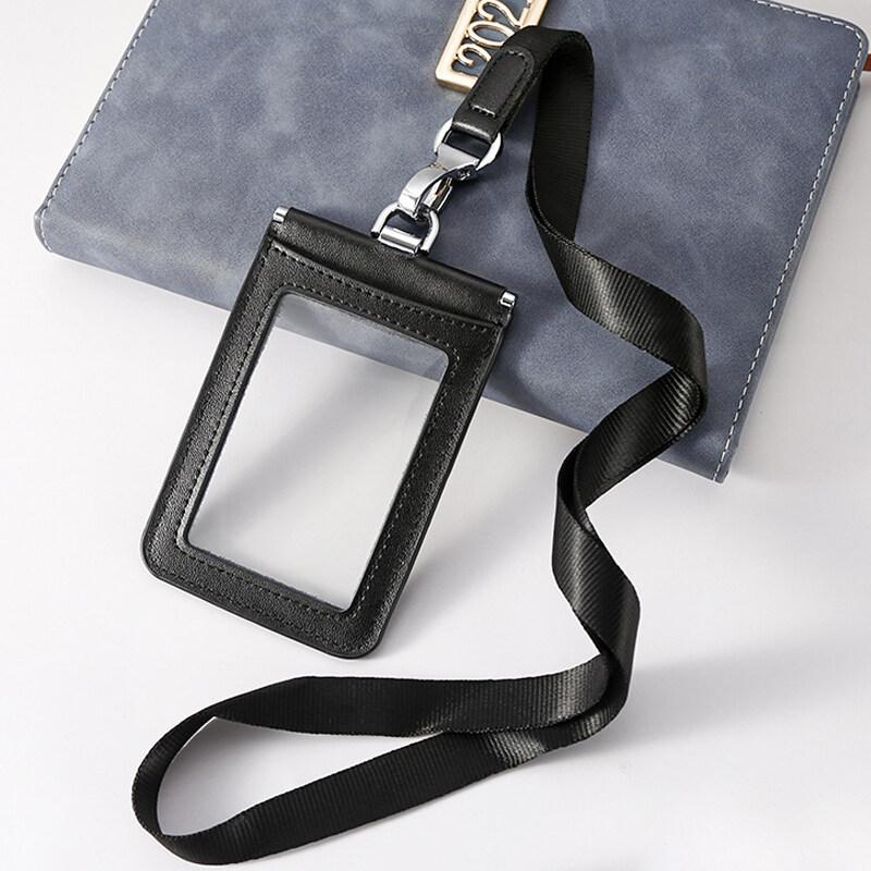 2-Sided Transparent Window Badge Holder ID Business Work Card Holders Genuine Leather Card Case with Lanyard (Can Hold 4 Cards )