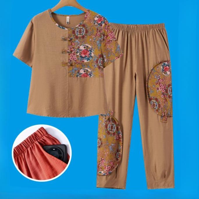 

Летний костюм с короткими рукавами, этнический стиль моды, костюм Тан для людей среднего возраста, укороченные брюки из двух частей, костюм из хлопка и льна в китайском стиле XXL хаки