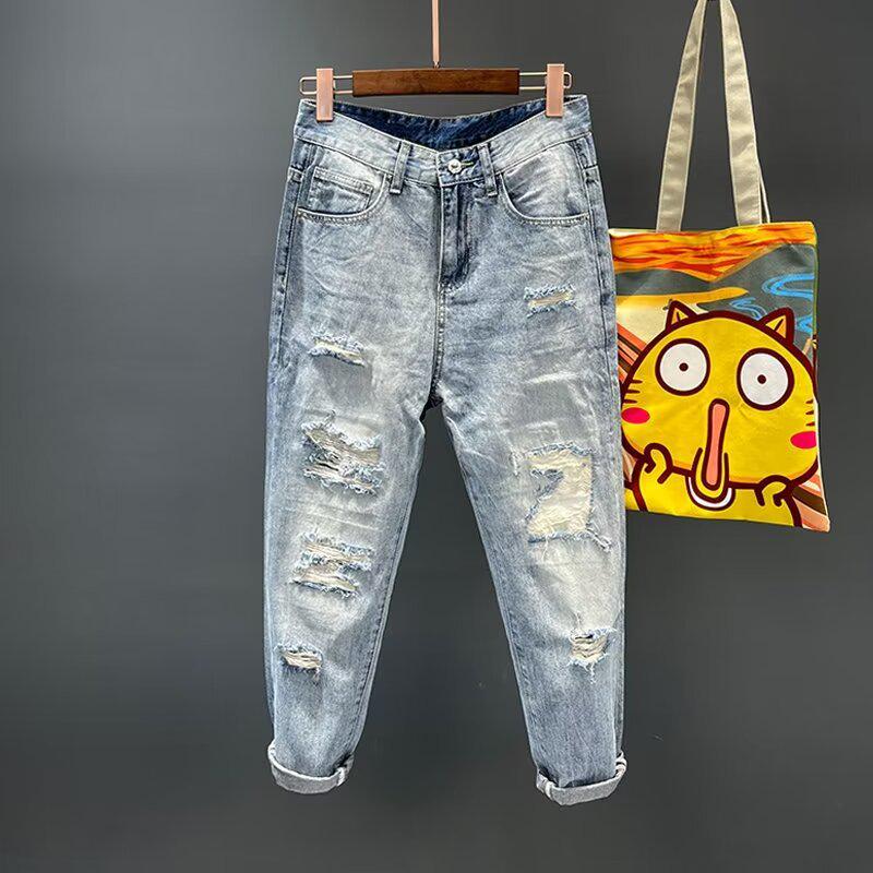 

Мужские модные рваные джинсы - весна/лето 2024 Nine-Point свободные прямые шаровары 31 синий