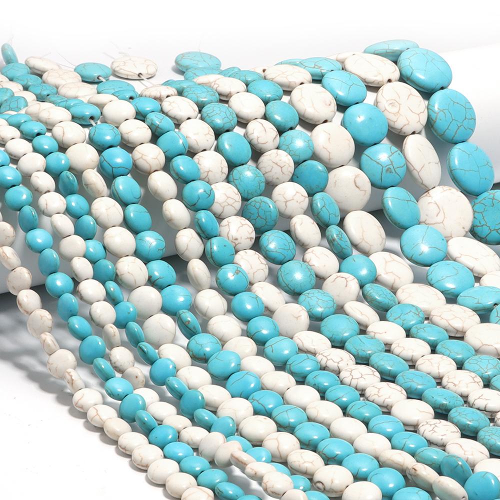 1 Strand Blue White Color Turquoise Beads Flat Round Natural Stone Beads LooseBeads