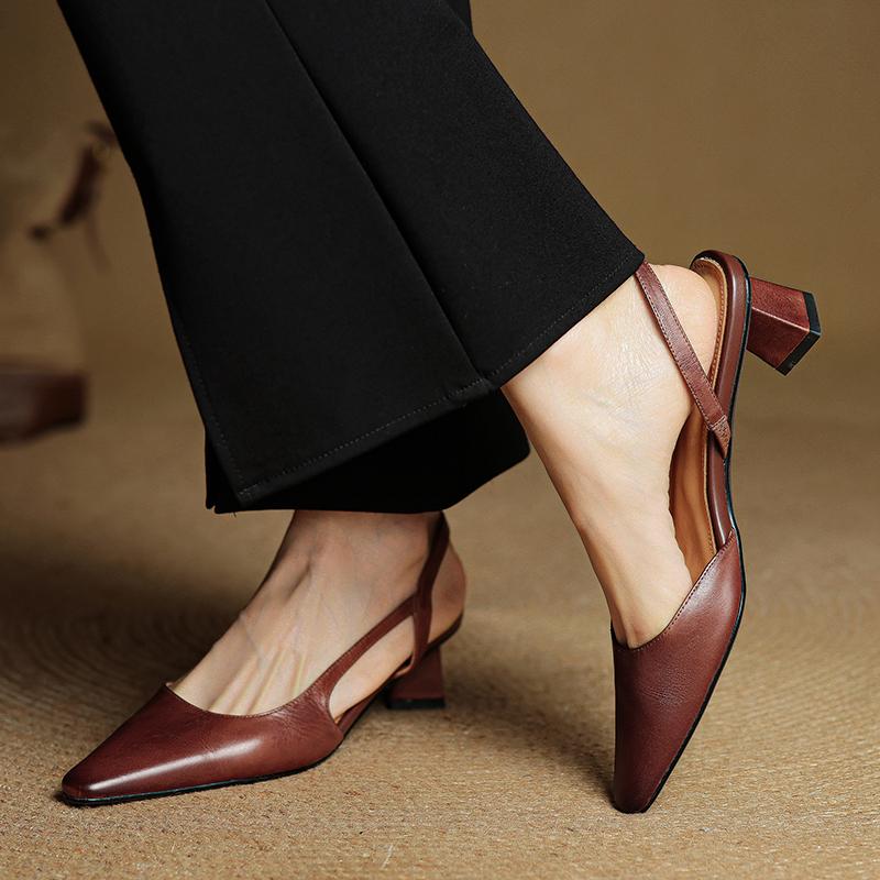 Fashion 2025 Summer Women Sandals Genuine Leather Women Shoes Cover Toe Slingback Shoes Pointed Toe Med Heel Concise Designer Sandals