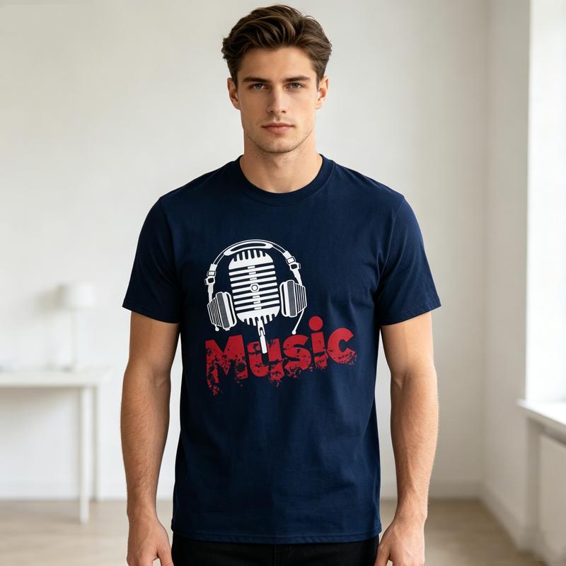 Music Graphic T Shirt Vintage Microphone Headphones Print Unisex Soft Cotton Crew Neck Short Sleeve Trendy Casual Tops