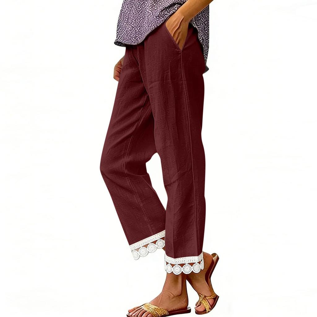 Women's Fashion Color Elastic Waist Pocket Lace Splicing Casual Straight Pants