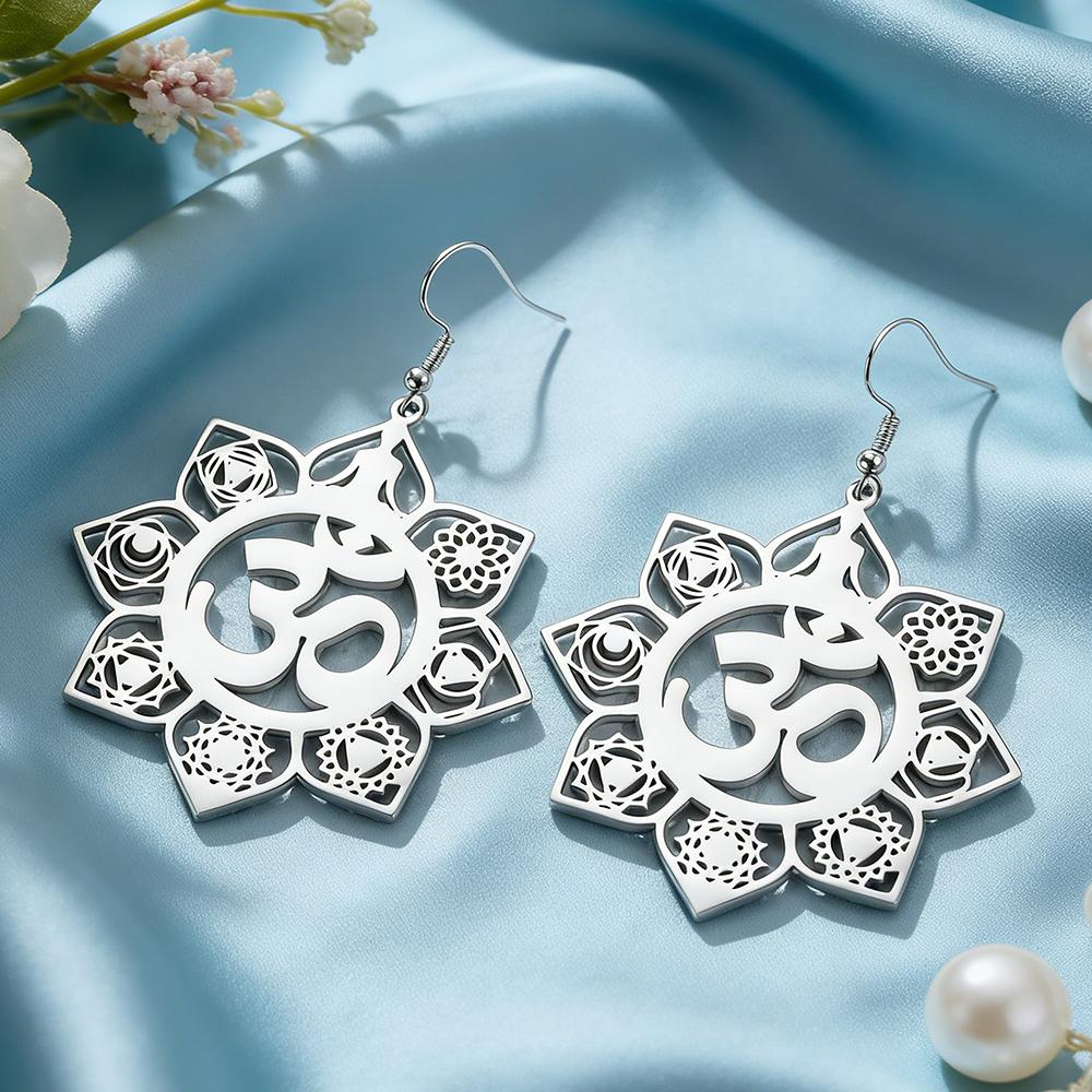 Dawapara OM Symbol Chakras Earrings Cutout Mandala Sacred Geometry Earrings Stainless Steel Spiritual Yoga Jewelry for Women
