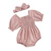 Combinaison d'été pour bébé fille, couleur unie, manches courtes, col carré, froncée, avec bandeau à nœud