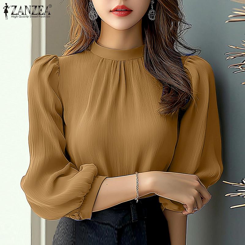 ZANZEA Dámská ležérní halenka s vysokým stojáčkem, volného střihu, jednobarevná, s 3/4 rukávem